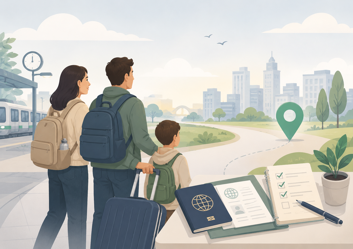 Familia migrante observando una nueva ciudad con su documentación