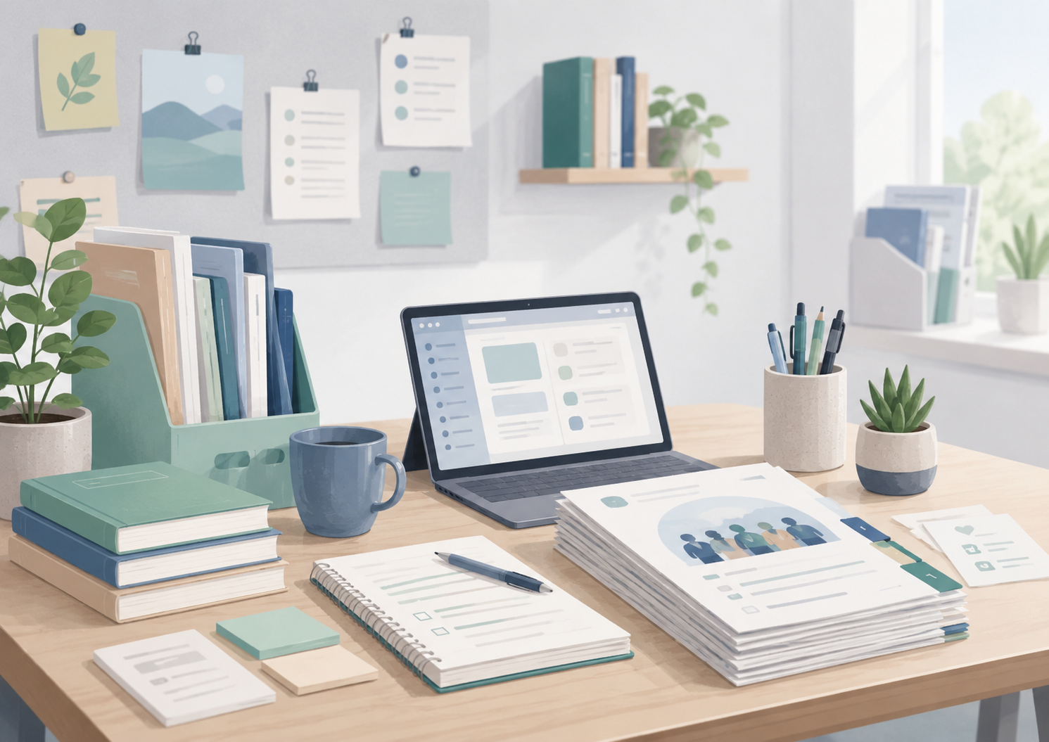 Escritorio con documentos, recursos y materiales de orientación