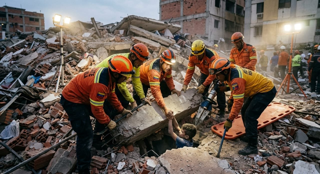 Rescatistas venezolanos trabajan entre los escombros
